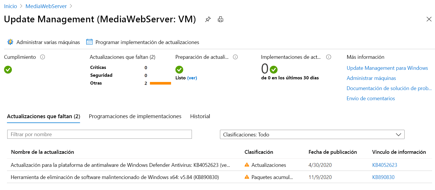 Captura de pantalla en la que se muestra una marca de verificación de color verde bajo los campos Cumplimiento y Preparación de actualizaciones del agente.