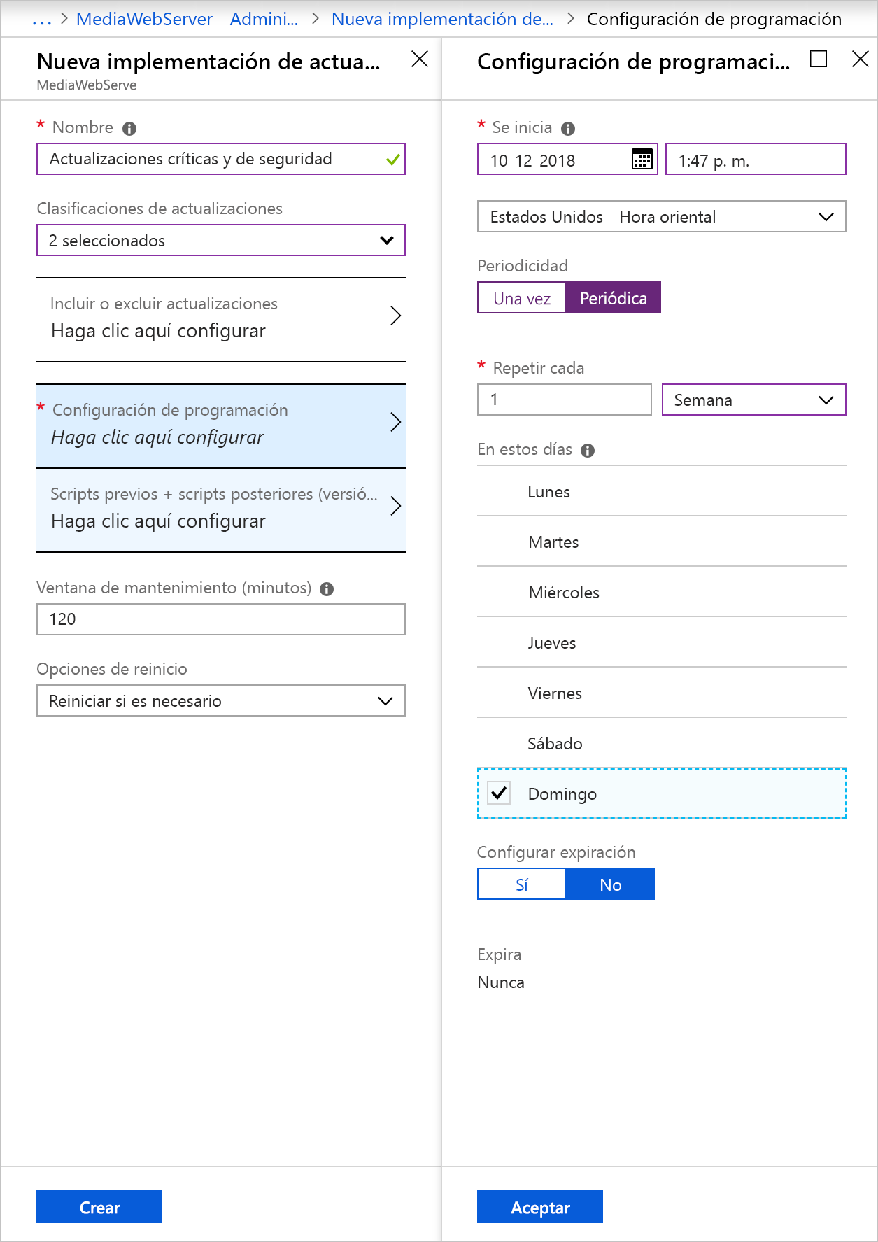 Captura de pantalla en la que se muestra la página Nueva implementación de actualizaciones y la página Configuración de la programación con los campos rellenados tal y como se describe en la tabla.