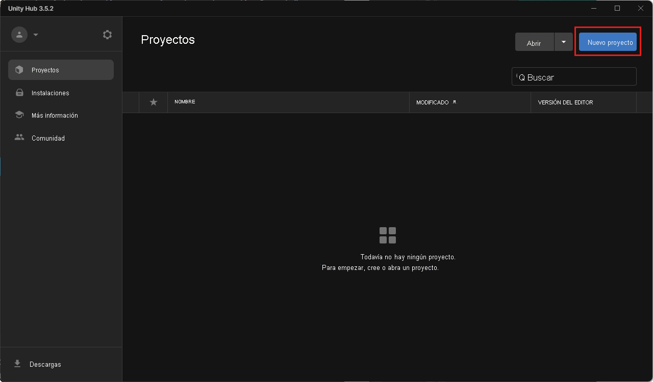 Captura de pantalla de Unity Hub en la pestaña Proyectos con el botón Nuevo proyecto resaltado.
