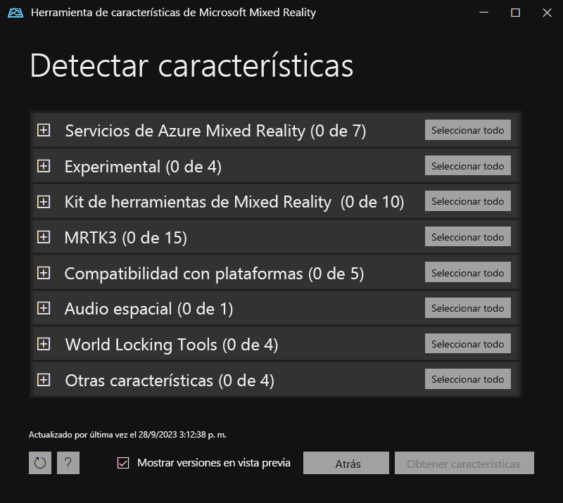 Captura de pantalla de los grupos principales de paquetes en la herramienta de características de Mixed Reality.