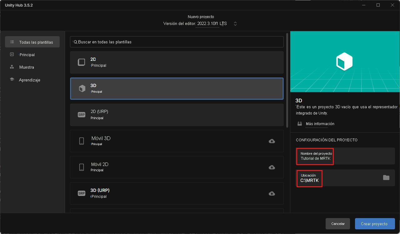 Captura de pantalla de Unity Hub con los campos 3D, Nombre del proyecto, Ubicación y Crear resaltados.