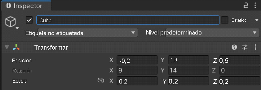 Captura de pantalla del componente de transformación del cubo después de las actualizaciones.