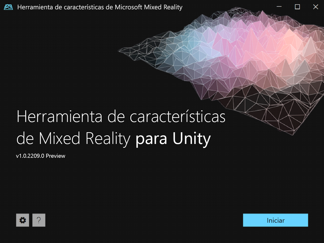 Captura de pantalla de la ventana de inicio de la herramienta de características de Mixed Reality.