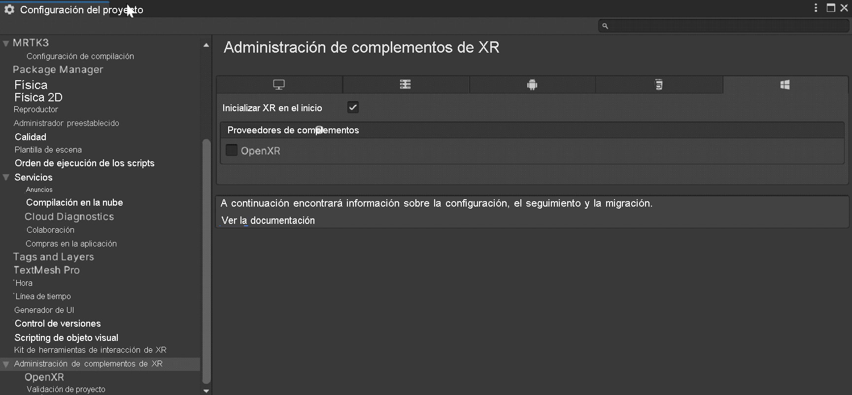 Captura de pantalla de Inicializar XR al iniciar.