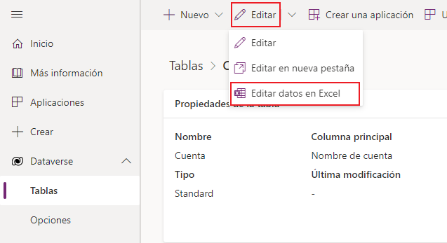 Vista de la barra de comandos con Editar y Editar datos en Excel resaltados.