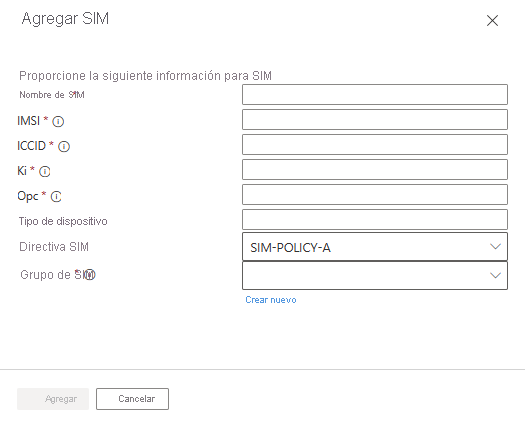 Captura de pantalla en la que se muestra el cuadro de diálogo Agregar SIM con los campos para los valores SIM.
