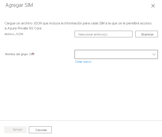 Captura de pantalla en la que se muestra el cuadro de diálogo Agregar SIM con los campos para usar un archivo JSON.