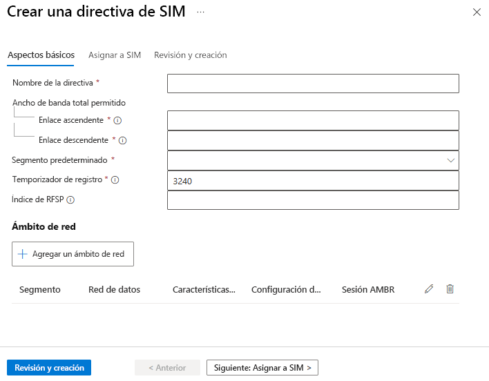 Captura de pantalla en la que se muestra una pantalla de creación de directiva SIM de ejemplo.