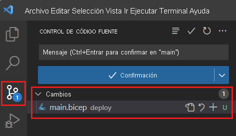 Captura de pantalla de Visual Studio Code que muestra Control de código fuente, con un cambio en el distintivo de icono y el archivo main.bicep indicado como un archivo modificado.