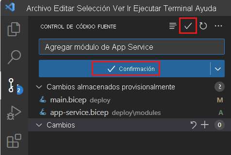 Captura de pantalla de Visual Studio Code que muestra Control de código fuente, con el icono de confirmación resaltado.