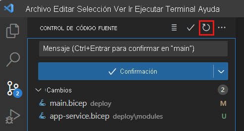 Captura de pantalla de Visual Studio Code que muestra Control de código fuente, con el icono de la barra de herramientas Actualizar resaltado.