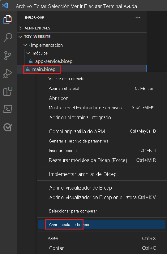 Captura de pantalla de Visual Studio Code que muestra el panel Explorador, con el menú contextual del archivo main.bicep y el elemento de menú Escala de tiempo resaltado.