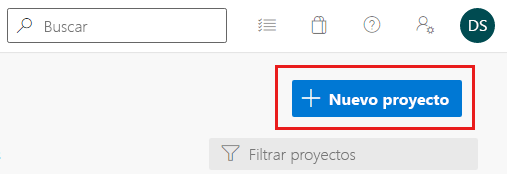 Captura de pantalla de la interfaz de Azure DevOps que muestra el botón para crear un nuevo proyecto.