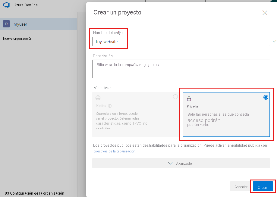 Captura de pantalla de la interfaz de Azure DevOps que muestra la configuración del proyecto que se va a crear.