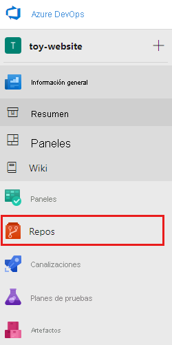 Captura de pantalla de la interfaz de Azure DevOps que muestra el menú en la página del proyecto, con el elemento Repositorios resaltado.