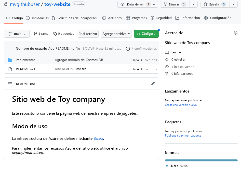 Captura de pantalla de la interfaz de GitHub que muestra el repositorio, incluida la estructura de archivos y carpetas.