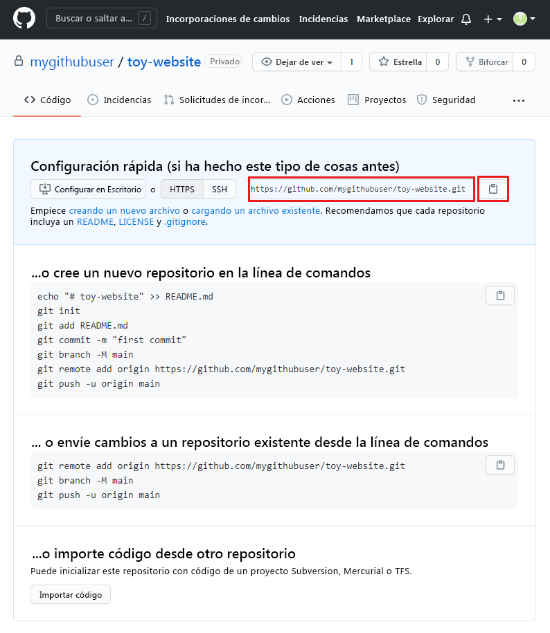 Captura de pantalla de la interfaz de GitHub que muestra los detalles del nuevo repositorio, con la dirección URL del repositorio resaltada.