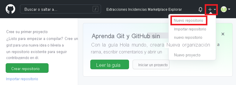 Captura de pantalla de la interfaz de GitHub que muestra el menú para crear un nuevo repositorio.