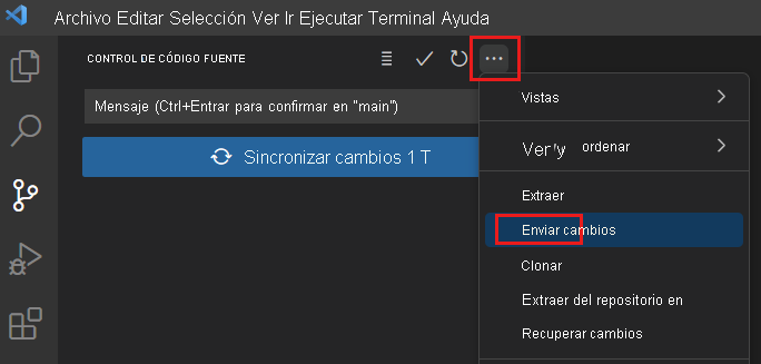 Captura de pantalla de Visual Studio Code que muestra el menú Control de código fuente, con el elemento de menú Insertar resaltado.