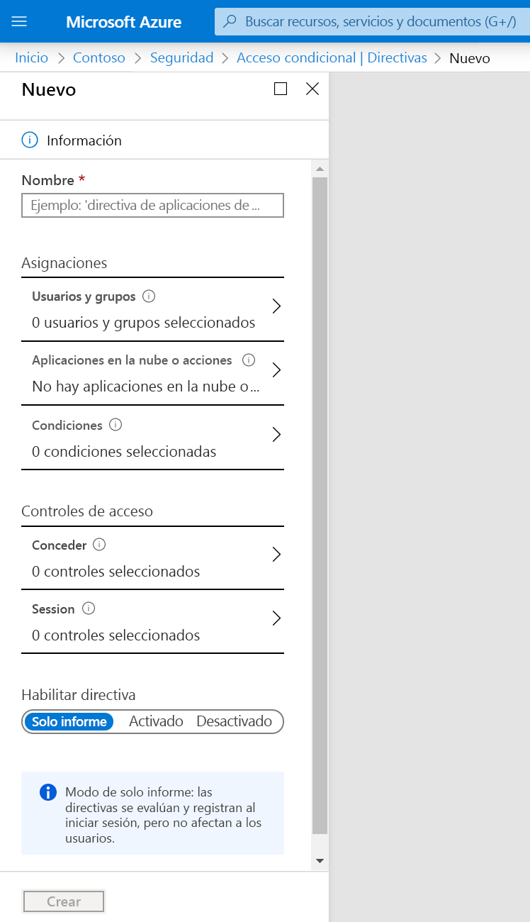 Captura de pantalla en la que se muestra una nueva directiva de acceso condicional sin asignaciones ni controles de acceso establecidos.