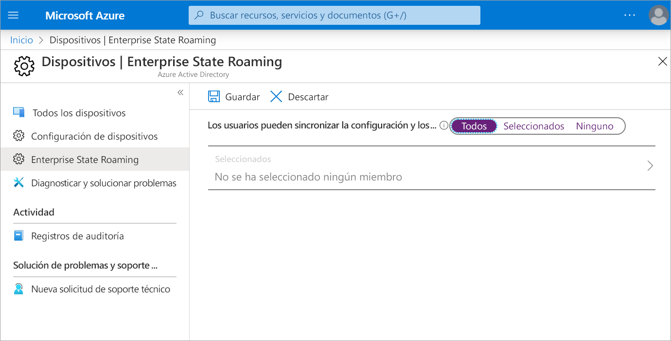 Captura de pantalla de las opciones de Enterprise State Roaming en Azure Portal.