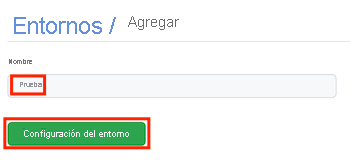 Captura de pantalla de la página de GitHub de un nuevo entorno denominado Prueba, con el botón Configurar entorno.