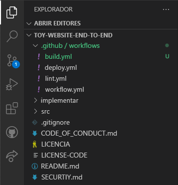 Captura de pantalla del Explorador de Visual Studio Code que muestra la carpeta .github/workflows y el archivo build.yml.