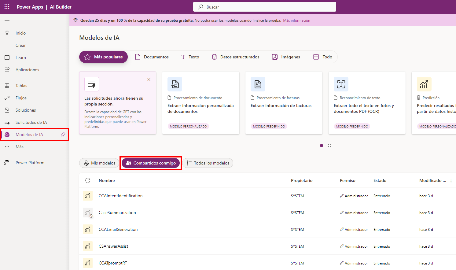 Captura de pantalla de la página Modelos de IA, con la pestaña Compartido conmigo resaltada