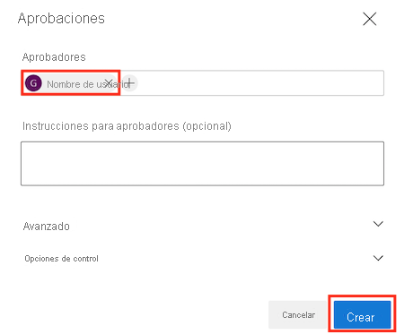 Captura de pantalla de la interfaz de Azure DevOps en la que se muestra la página para agregar una comprobación de aprobación, con los detalles completados y el botón Crear.