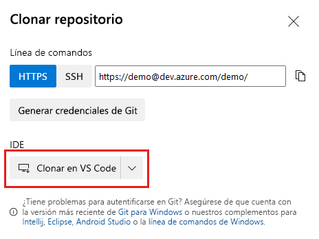 Captura de pantalla de Azure DevOps en la que se muestra la configuración del repositorio y el botón para clonar de Visual Studio Code.