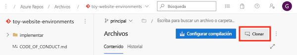 Captura de pantalla de Azure DevOps en la que se muestra el repositorio y el botón Clonar.