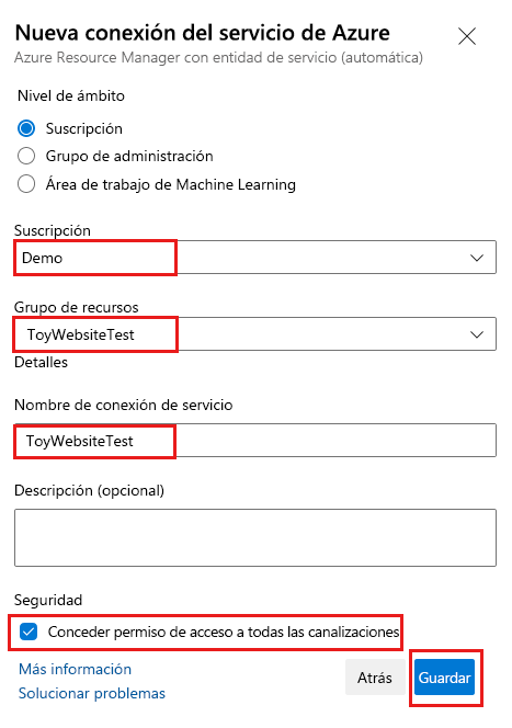 Captura de pantalla de Azure DevOps en la que se muestran los detalles completados para crear una conexión de servicio para el entorno de prueba.