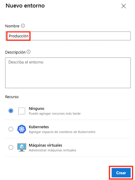 Captura de pantalla de la página de Azure DevOps de un entorno nuevo de nombre Producción, con los detalles completados.