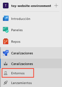 Captura de pantalla de la interfaz de Azure DevOps en la que se muestra el menú Canalizaciones y el elemento Entornos.