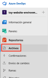 Captura de pantalla de Azure DevOps en la que se muestra el menú Repositorios y el elemento Archivos.