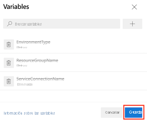 Captura de pantalla de la interfaz de Azure DevOps en la que se muestra la eliminación de tres variables y el botón Guardar.