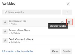 Captura de pantalla de la interfaz de Azure DevOps en la que se muestra la lista de variables y el botón Eliminar.