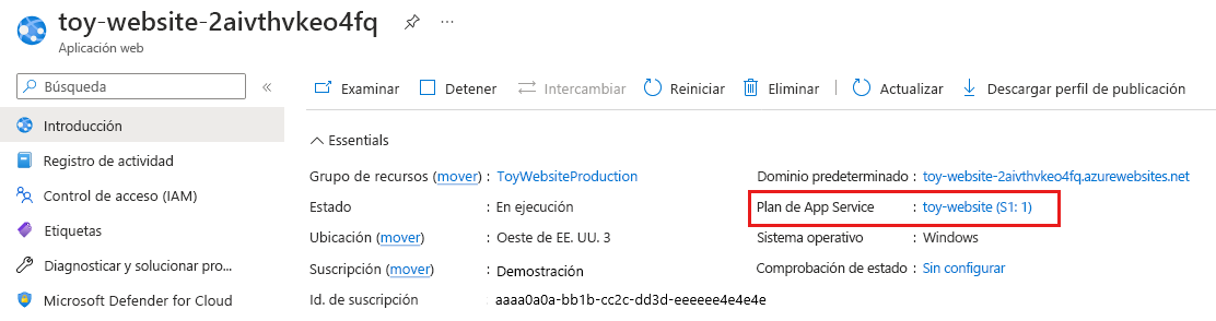 Captura de pantalla de Azure Portal en la que se muestra la aplicación App Service de producción y los detalles de SKU del plan de App Service.