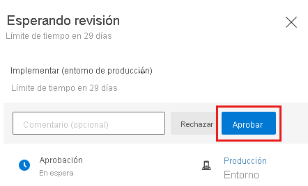 Captura de pantalla de la interfaz de Azure DevOps en la que se muestra la página de aprobación de la canalización y el botón Aprobar.