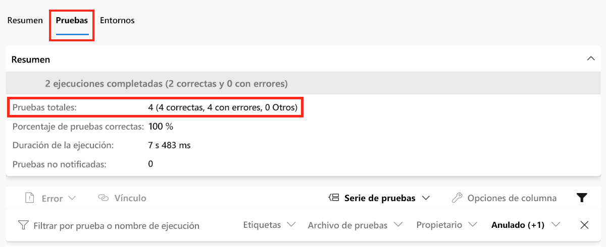 Captura de pantalla de Azure Pipelines en la que se muestra la página de pruebas de ejecución de canalización, con resultados de cuatro pruebas.