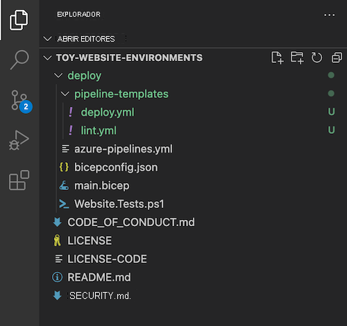 Captura de pantalla del Explorador de Visual Studio Code con la carpeta pipeline-templates y el archivo deploy.yml.