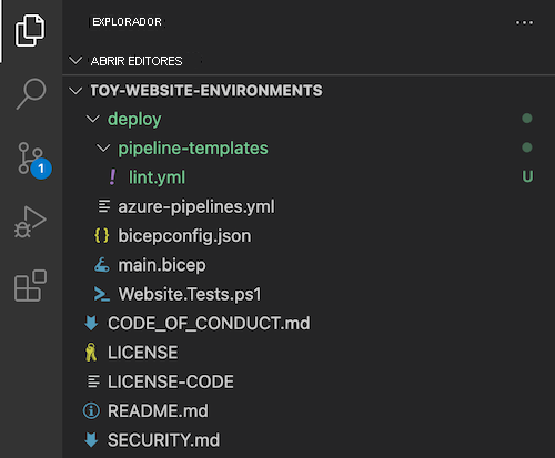 Captura de pantalla del Explorador de Visual Studio Code con la carpeta pipeline-templates y el archivo lint.yml.