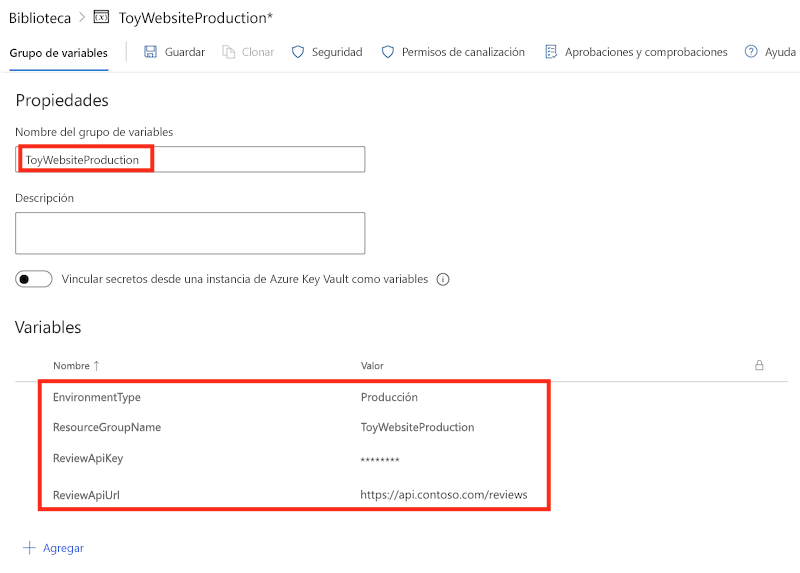 Captura de pantalla del grupo de variables de producción con las variables actualizadas.
