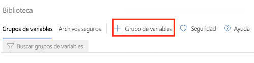 Captura de pantalla de la página de la biblioteca de Azure DevOps y el botón para agregar un grupo de variables.