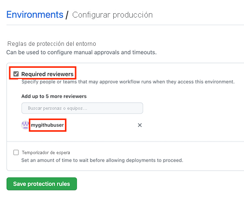 Captura de pantalla de la interfaz de GitHub en la que se muestra la página para agregar un revisor obligatorio, con los detalles completados y el botón para guardar las reglas de protección.