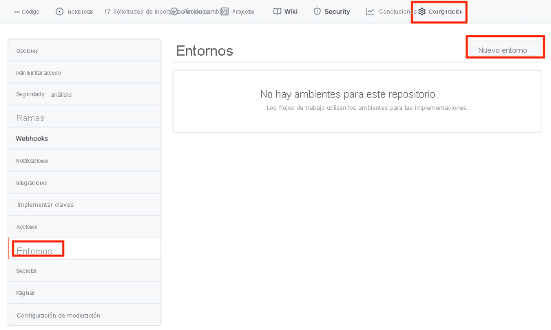 Captura de pantalla de la interfaz de GitHub en la que se muestra la página Entornos y el botón para crear un entorno.