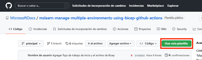 Captura de pantalla de la interfaz de GitHub en la que se muestra el repositorio de plantillas, con el botón 