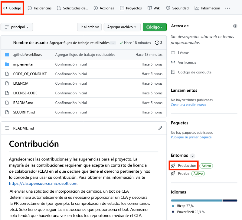 Captura de pantalla GitHub en la que se muestra el entorno de la página de código, con el entorno de producción resaltado.