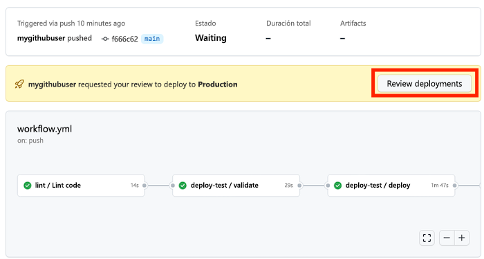Captura de pantalla de GitHub en la que se muestra la ejecución del flujo de trabajo en pausa para su aprobación.
