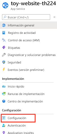 Captura de pantalla de Azure Portal en la que se muestra la aplicación App Service y el elemento de menú Configuración.